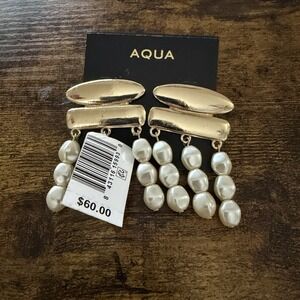 Aqua Imitation Pearl Drop Earrings Gold Tone